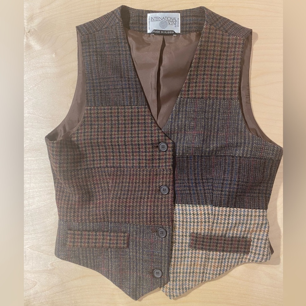 International Scene Wool Plaid Patchwork Vest Mad… - image 2